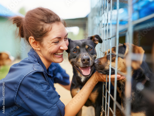 female volunteer at animal shelter petting rescued dogs photo