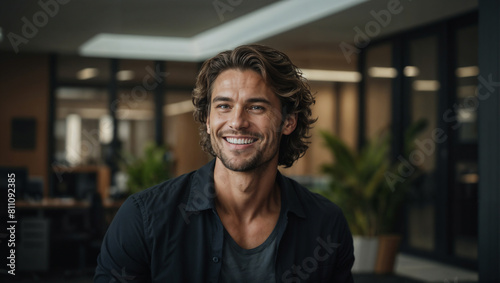 Bellissimo uomo con capelli ricci e un abito elegante sorride in un moderno ufficio photo