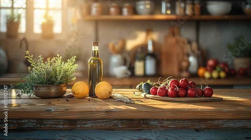   A wooden table supports a wine bottle, tomato bowl, and lemon plate