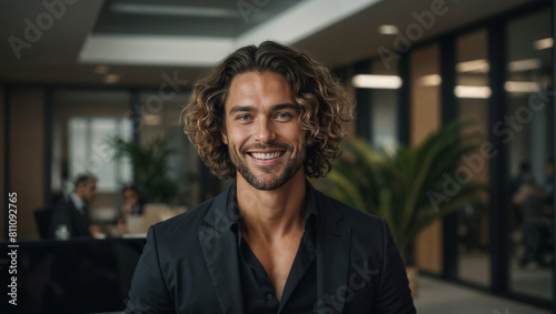 Bellissimo uomo con capelli ricci e un abito elegante sorride in un moderno ufficio photo