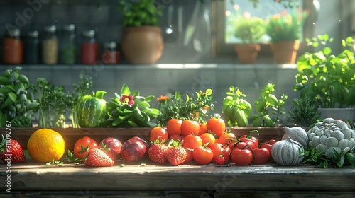  A wooden table, laden with various fruits and veggies, sits beside a plant-filled shelf