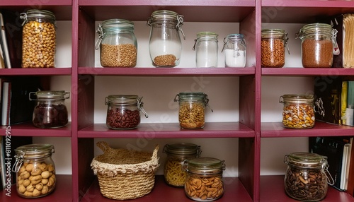 spices in a shop, Shelf and space for storing food in the house, organizing pantry space, home interior design