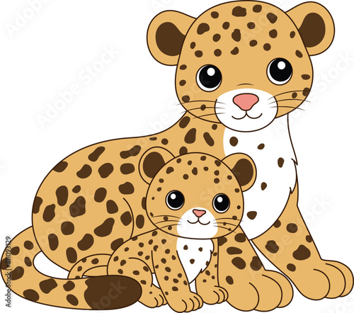 Cute kawaii leopard and baby cartoon character vector illustration. Wild animal, mothers day clip art