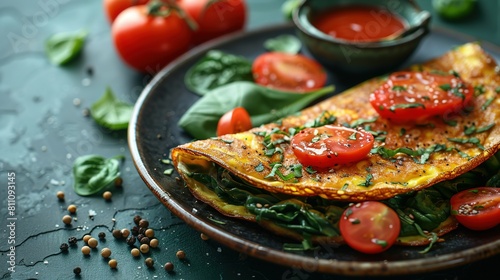   Omelette with tomatoes and spinach on a platter alongside a bowl of diced tomatoes and a miniature sauce dish