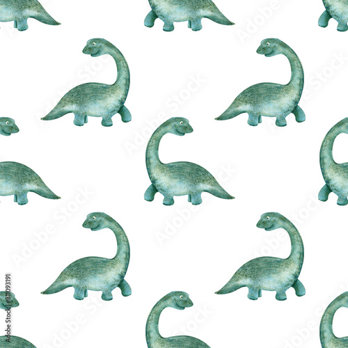 Seamless pattern with hand-drawn dinosaurs and stars in Scandinavian style. Green dinosaurs on a white background. Creative watercolor fashion children s background for fabric  textile