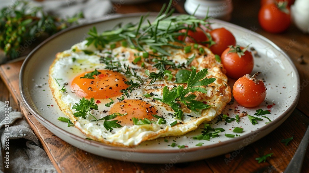   A close-up of a wooden cutting board with eggs, tomatoes, and fresh parsley on it