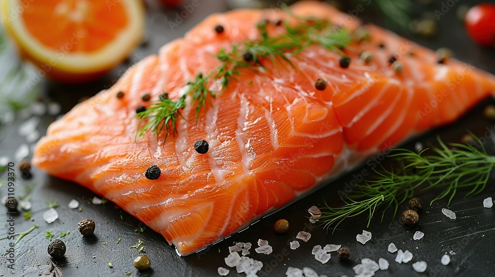 A close-up shot of a salmon fillet on a wooden table, adorned with fresh herbs and a juicy slice of grapefruit A close-up shot of a salmon fillet on a wooden table, adorned with fresh herbs and a juicy slice of grapefruit