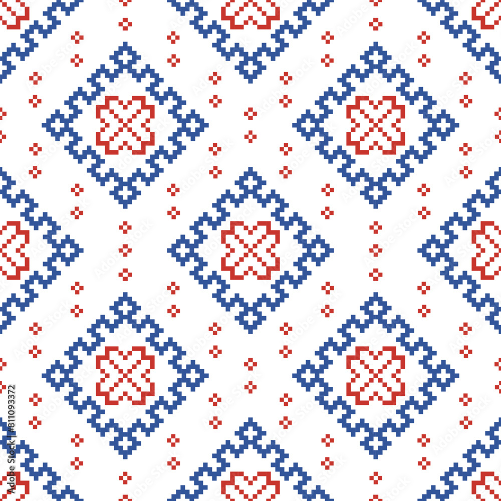 Fototapeta premium Cross Stitch embroidery seamless.Geometric pixel ethnic patterns. American, Mexican,African, mediterranean, nordic,Aztec style.Trendy folk art background design for products, fabric, ,print,decorate.