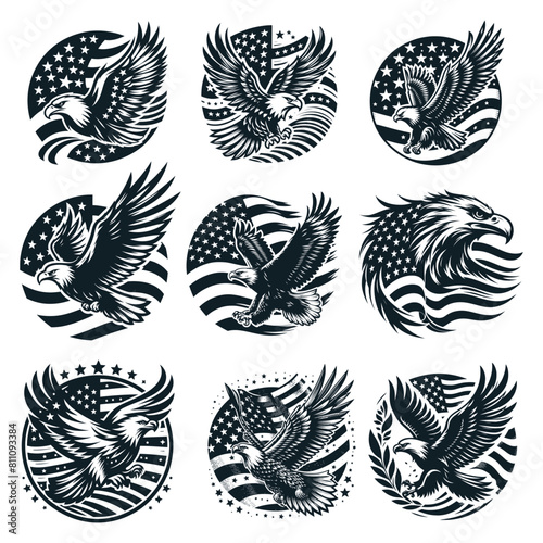 Flying eagle icon over the american flag Vector Silhouettes seat on white backgraund,vactor illustration.