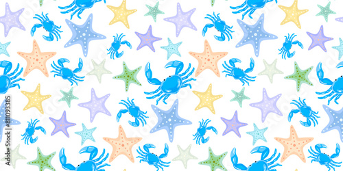 Blue crabs with colorful starfish, undersea, marine life creatures seamless pattern design