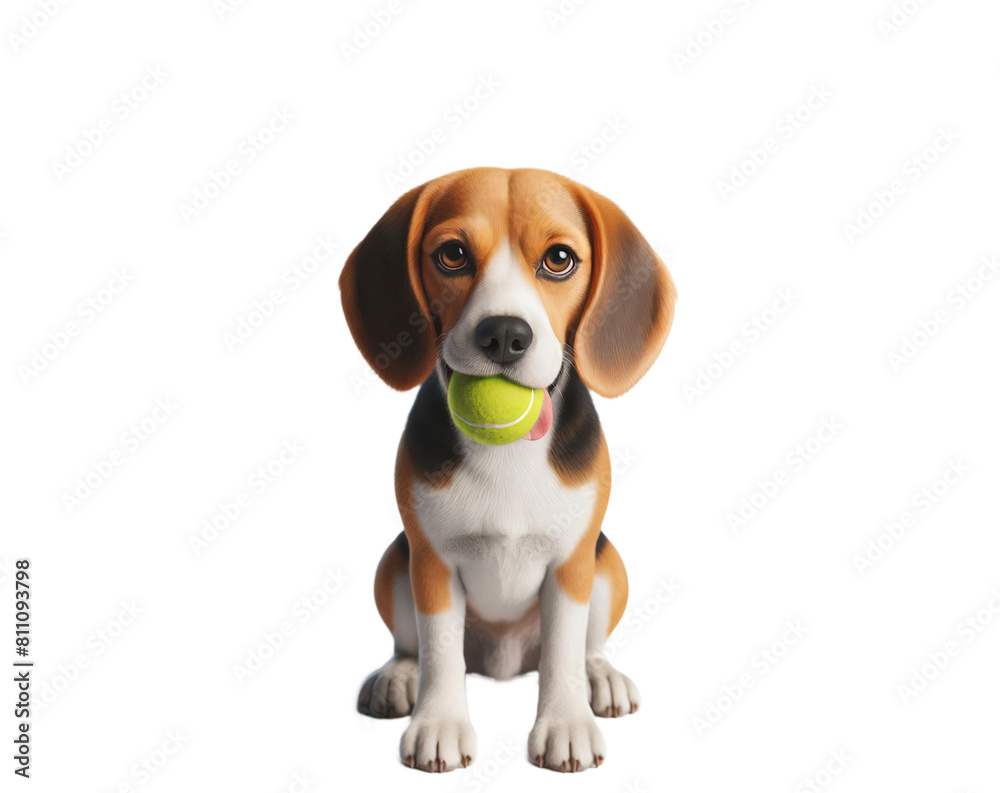 Cute beagle dog with a tennis ball sitting, isolated on clear png background