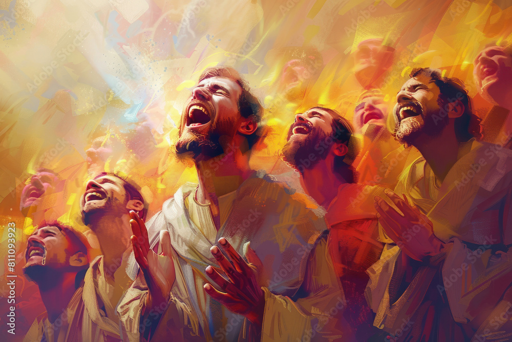 Disciples Filled with Joy., Pentecost a Christian holiday, the descent of the Holy Spirit.