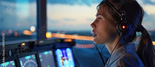 Close up Woman Diverse Air Traffic Control Team Working in Modern Airport Tower at Night. photo