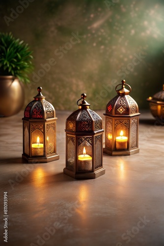 Traditional arab culture symbols, islamic lanterns and lamps against ornate background with text area, the spirit of ramadan and eid mubarak with eid al adha photo