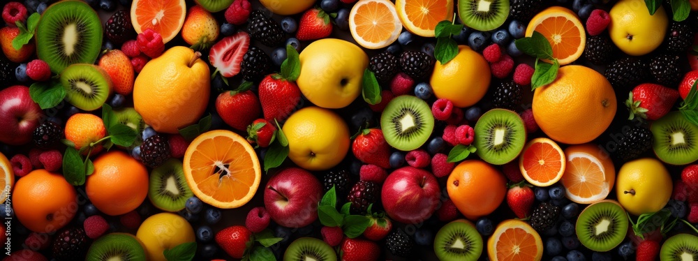 Many fresh fruits mix top down view from above. Many fresh fruits mix top down view from above.