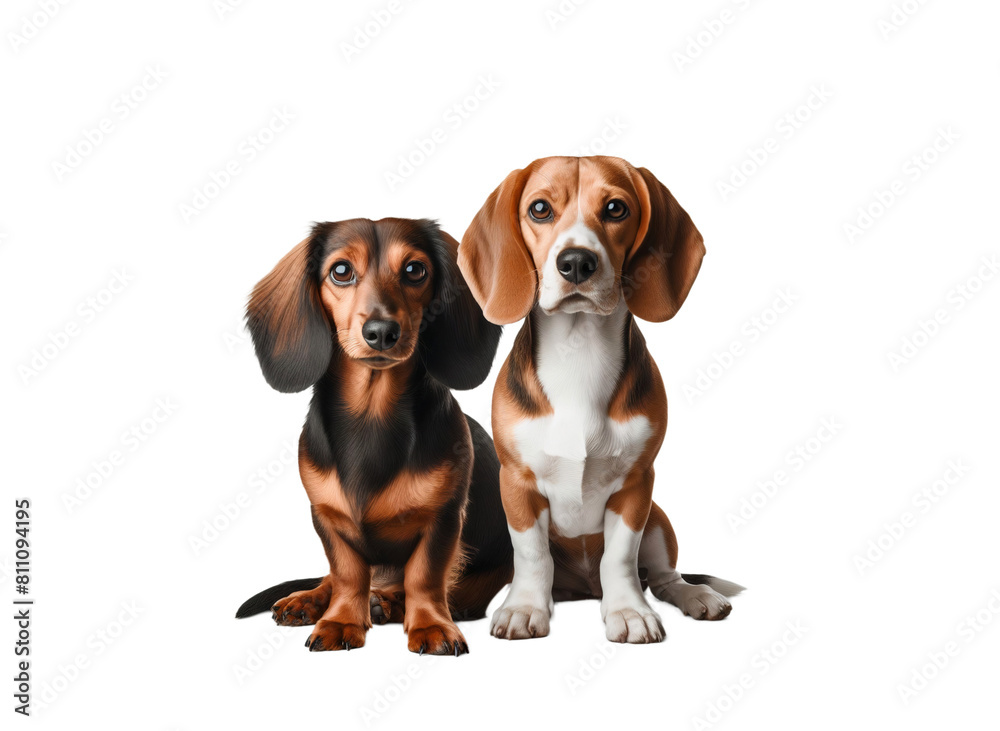 Dachshund and beagle puppies isolated on white background. pet friends, dogs playing