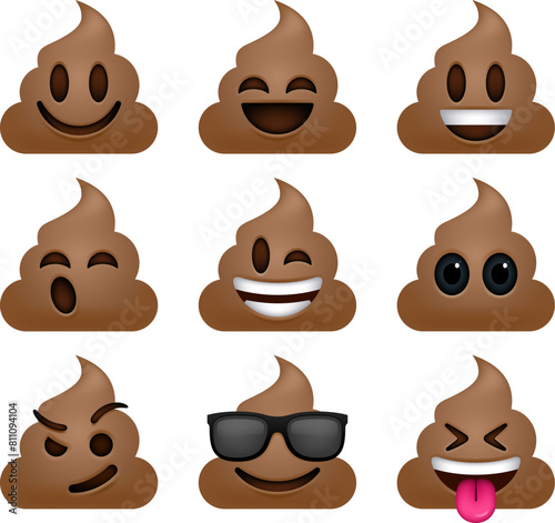 Set Of Cute Poop Emoji Icons