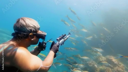 Pov of underwater hunter shooting Rainbow Runner fish with underwater gun. Underwater fisherman watches a flock of Rainbow Runner fish and shoots harpoon. Moment catching fish. photo