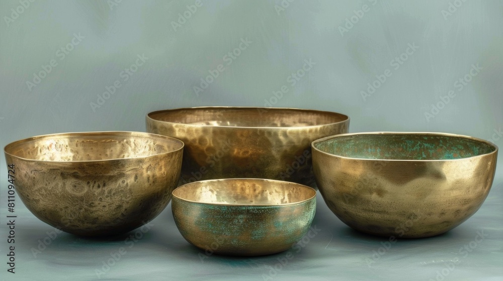 Elegant Antique Brass and Copper Bowls on Soft Blue Background. Elegant Antique Brass and Copper Bowls on Soft Blue Background.