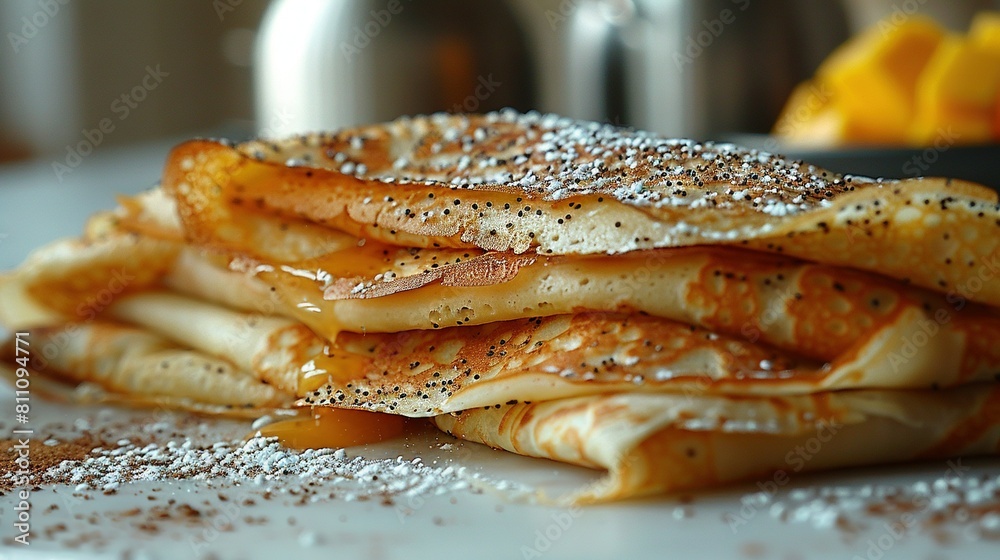 A white plate with powdered sugar and sprinkles has a stack of pancakes on top A white plate with powdered sugar and sprinkles has a stack of pancakes on top