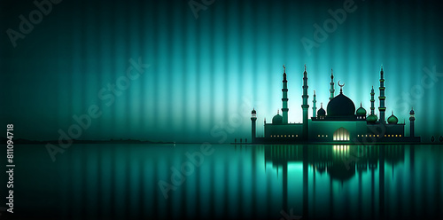 Elegant islamic background featuring a misty silhouette of a mosque with a crescent moon, perfect for ramadan, eid mubarak, and eid aladha observances, symbolizing the feast of sacrifice photo