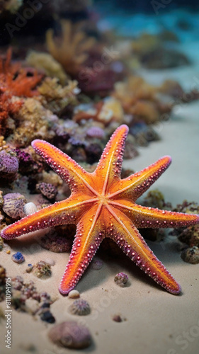 Vibrant orange starfish with purple tips on sandy seabed, surrounded by colorful coral, ideal for marine and educational themes