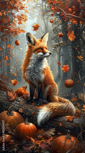 Autumnal Forest Scene with Majestic Fox Amidst Falling Leaves and Pumpkins.