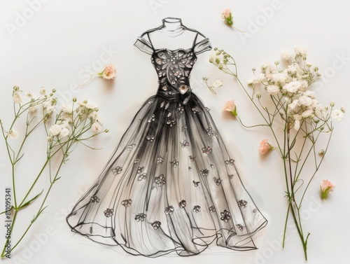 Sketch of a evening dress, fashion desiner, layout, fabric, pencil, desiner's table, working space