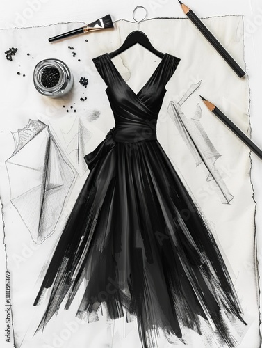 Sketch of a evening dress, fashion desiner, layout, fabric, pencil, desiner's table, working space photo