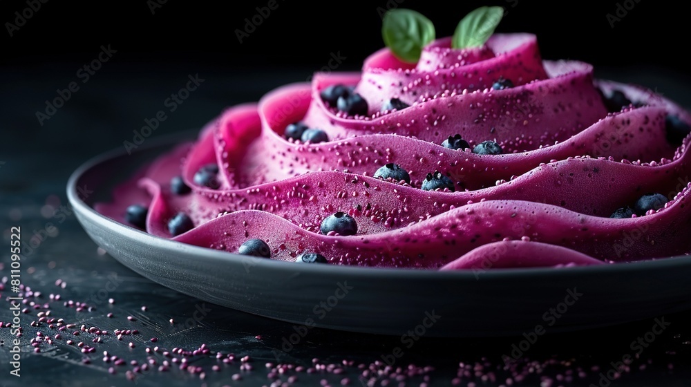 A plate of blueberry dessert with sprinkles on a dark table A plate of blueberry dessert with sprinkles on a dark table