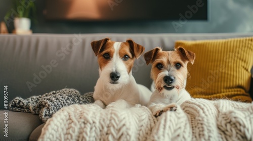 Dogs sitting comfortably on the sofa, with their attention focused on the TV screen © AlfaSmart