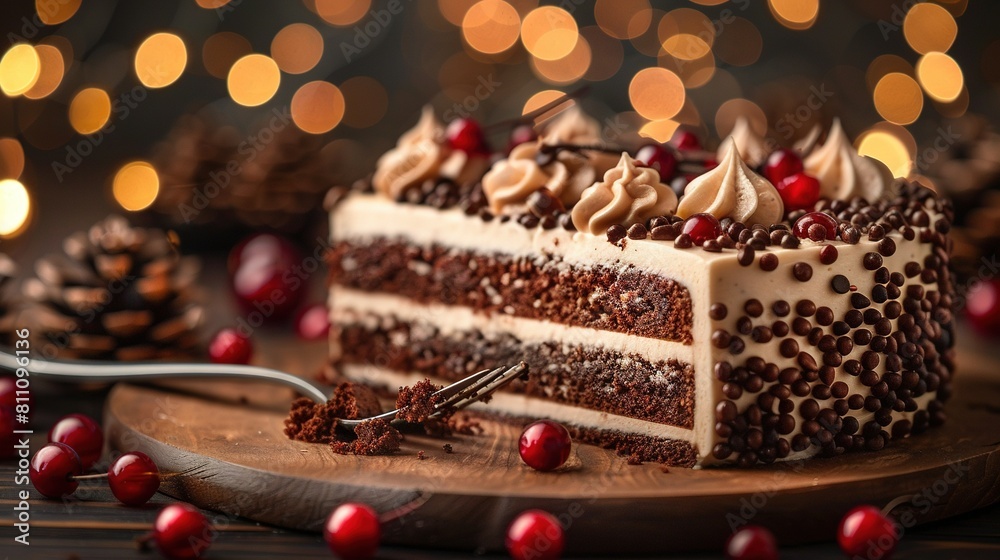   A cake with white frosting and cranberries on a cutting board with a knife and fork