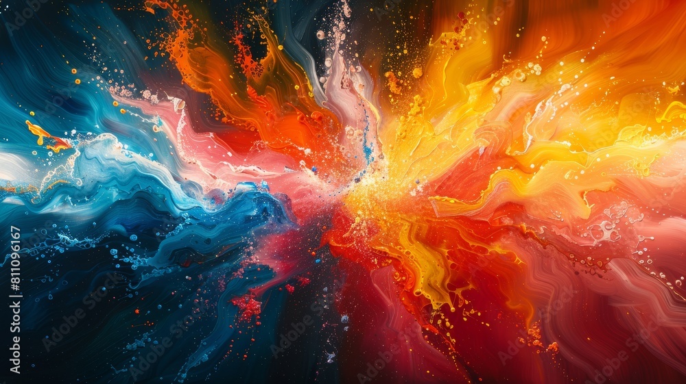 The image is an abstract painting. It has a bright and colorful background with a blue and orange color scheme. The painting is very fluid and looks like it is in motion. The image is an abstract painting. It has a bright and colorful background with a blue and orange color scheme. The painting is very fluid and looks like it is in motion.