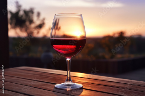 glass of red wine on a picturesque background of vineyards at sunset, close-up