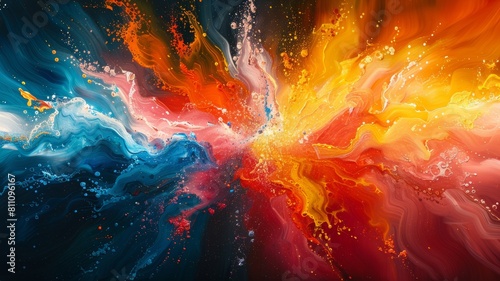 The image is an abstract painting. It has a bright and colorful background with a blue and orange color scheme. The painting is very fluid and looks like it is in motion. photo