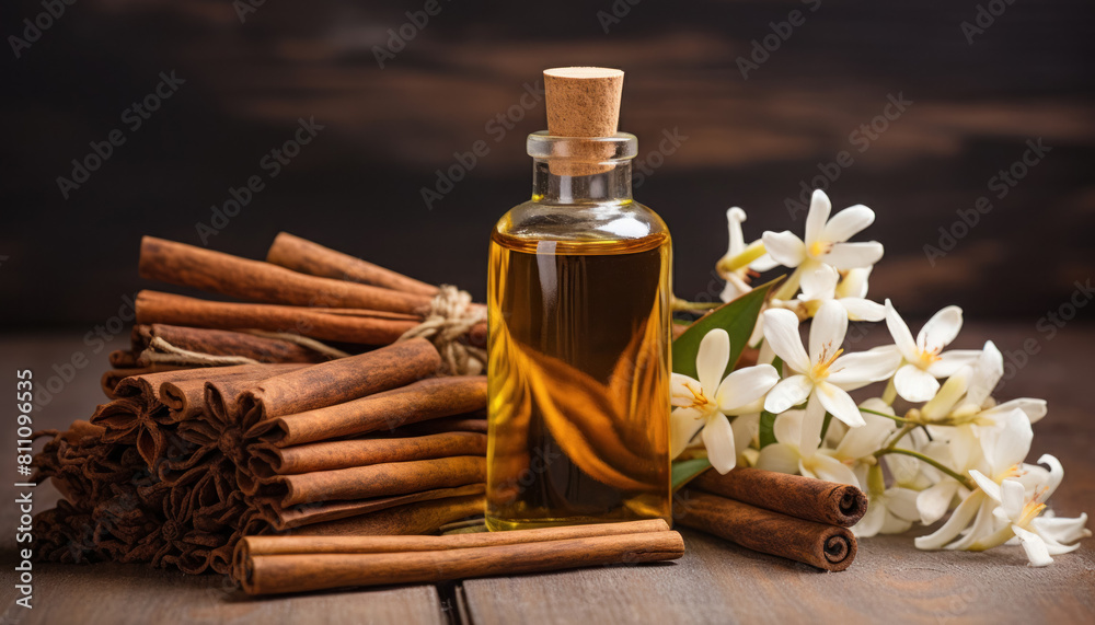 cinnamon vanilla essence oil background, spa relaxation close-up, wallpaper cinnamon vanilla essence oil background, spa relaxation close-up, wallpaper