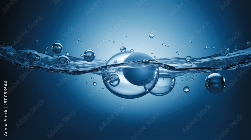liquid water drops, molecular formula of liquid chemical elements, blue clear water, minimalistic background, close-up liquid water drops, molecular formula of liquid chemical elements, blue clear water, minimalistic background, close-up