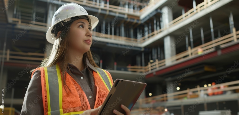 Professional girl with a tablet or documents in her hands, she checks the progress of construction Professional girl with a tablet or documents in her hands, she checks the progress of construction