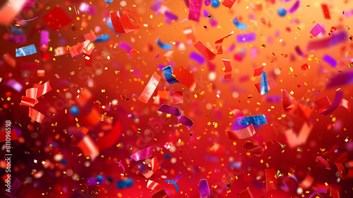 Bright confetti pieces on a fiery red background, evoking the excitement of a grand celebration in full HD.