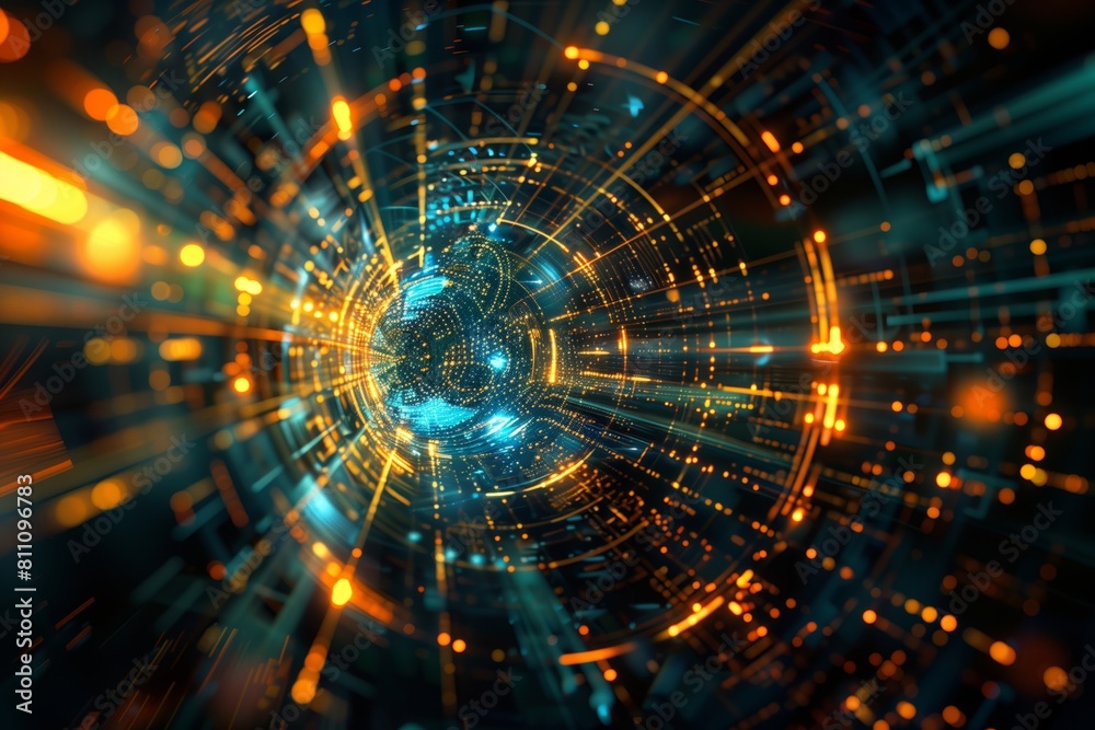 Obraz premium Futuristic digital abstraction with glowing lights and intricate patterns, representing technology, data flow, and cybernetic concepts in a high-tech environment