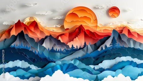 A mountain range with a sun in the sky by AI generated image