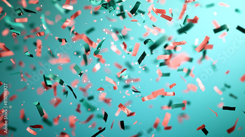 Bright coral and dark green confetti tumbling down a light blue background  evoking joy and celebration.