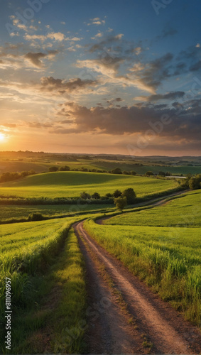 Tranquil Countryside  Beautiful Summer Panorama of Green Fields  Lonely Road  and Sunset Sky