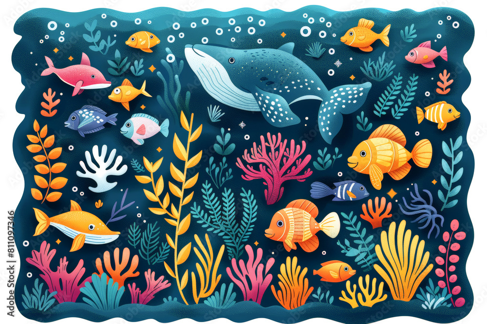 Fototapeta premium Colorful ocean scene with various fish and sea creatures in a stylized underwater setting. World Ocean Day.