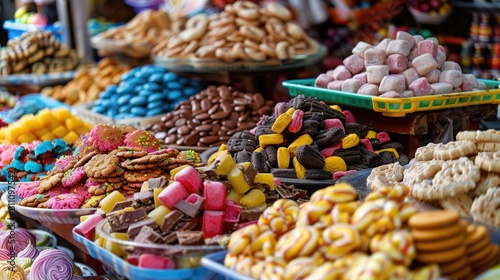 Indulge in a delightful array of classic treats like cookies jelly candy chocolate marshmallows nuts and much more at the vibrant open market stalls in Cuenca Ecuador as part of the traditio