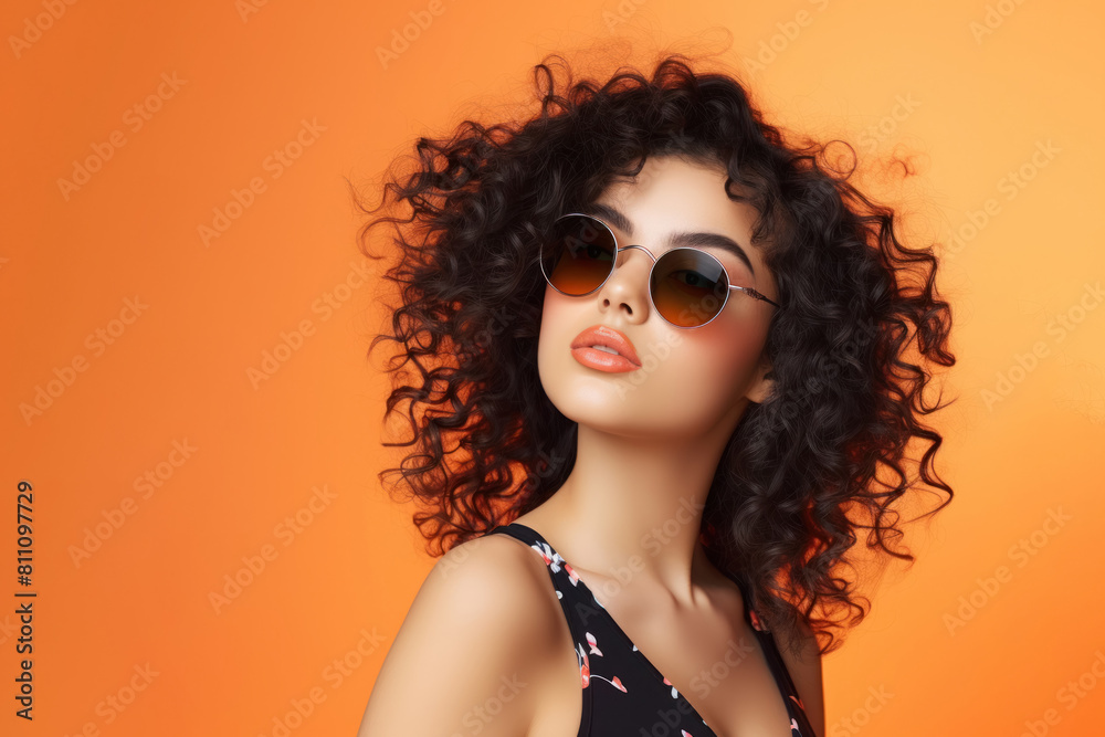 curly girl in sunglasses, young beautiful fashionable model portrait, bright background for design, copy space, close-up curly girl in sunglasses, young beautiful fashionable model portrait, bright background for design, copy space, close-up