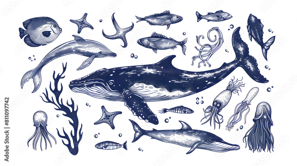 Fototapeta premium Vintage navy blue Hand drawn illustration of realistic ocean animals, sea stars, whale, seaweed, fish, squids isolated on white background