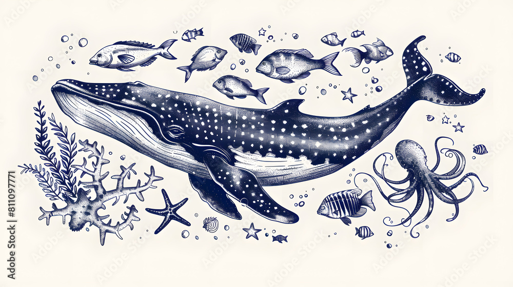 Fototapeta premium Vintage navy blue Hand drawn illustration of realistic ocean animals, sea stars, whale, seaweed, fish, squids isolated on white background
