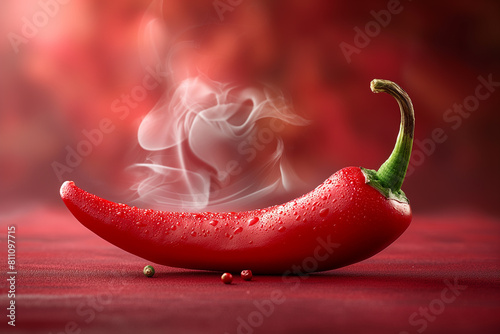    Smoldering Spice    A red chili pepper  glistening with water droplets  rests against a vibrant red backdrop  emitting a wisp of smoke  embodying the essence of heat and flavor.