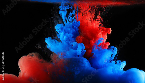 Acrylic blue and red colors in water. Ink blot. Abstract black background.